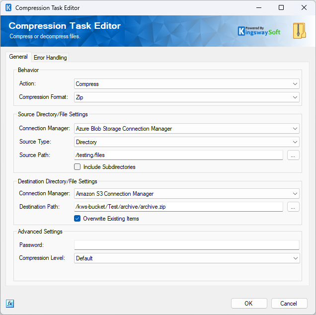 Compression Task Editor General page showing Action set to Compress with cloud connection managers configured for the source directory and destination file.